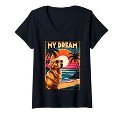 Donna Occhiali da sole vintage con cane retrò tramonto spiaggia Maglietta con Collo a V
