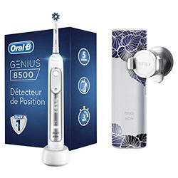 Oral-B Genius 8500n, Brosse à Dents Électrique Rechargeable, Souple pour Voyage, Manche Connecté Bluetooth, Détecteur de Position, 1 Brossette et 1 Étui de Voyage Premium Offert, Argenté