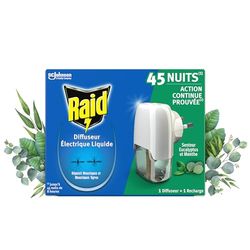 Raid Prise Anti-Moustiques Électrique Liquide Répulsif Moustiques et Moustiques Tigres 45 Nuits - Senteur Eucalyptus et Menthe - 1 Diffuseur + 1 Recharge