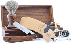 Haryali London Classic Collection Barber Salon Wooden Box Straight Cut Throat Wooden Shaving Razor, Wooden Black Badger Hair Shaving Brush, Leather Strop, Honing Paste. Set 5 Pc Luxury Shaving Kit