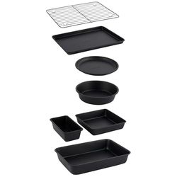 Salter Bakes Stackable 7 Piece Bakeware Set – Non-Stick with Baking Tray, Cake Tin, Tart Tin, Loaf Pan, Brownie Pan, Roasting Tin, Cooling Rack, Compact Storage, PFOA-Free, Oven Safe, Black