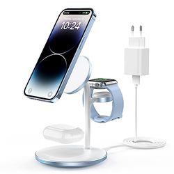 3-i-1-induktiv laddningsstation, trådlös laddningsstation, trådlös laddare, kompatibel med Mag Safe laddare, iWatch Ultra/8/7 för iPhone 15 14 13 12 Pro Max Plus, blå