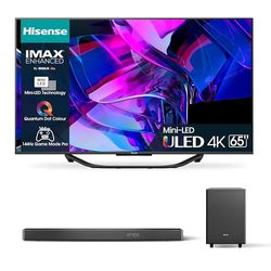 Hisense 65" ULED Mini-LED 4K 2023 65U72KQ, Smart TV VIDAA U7, Dolby Vision IQ, HDR 10+ 4K AX3120G Soundbar 3.1.2, 360W, 2 altoparlanti upfiring, Subwoofer Esterno wireless