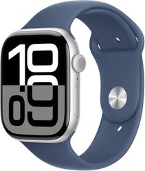 Apple Watch Series 10 (GPS 46 mm) Smartwatch - Kast van zilverkleurig aluminium - Denim sportbandje (S/M). Conditie bijhouden, Ecg-app, always on Retina-display, waterbestendig