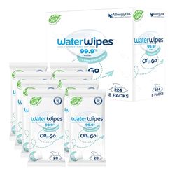 Lingettes WaterWipes On The Go, 224 lingettes (8 paquets), lingettes humides à base d'eau à 99.9%, idéales pour les voyages, conçues pour le visage et le corps