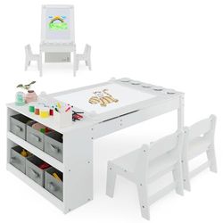 FANTASK Table 3 en 1 pour enfant - Table en bois avec 2 chaises - Chevalet blanc avec plateau amovible avec 5 gobelets de couleur - 6 récipients en tissu - Ensemble de sièges pour enfants avec plateau