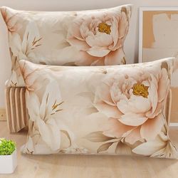 PETTI Artigiani Italiani - Lot de 2 Taies d'Oreillers 50x70 cm 100% Microfibre Hypoallergénique, Housse Oreiller Rectangulaire Motif Floral Beige Rose, Paquet de 2, Fabriqué en Italie