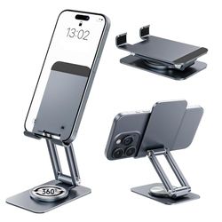 NEUTYPECHIC Support Téléphone Bureau 360° Réglable, Phone Stand Pliable en Alliage d'alu, Support de Telephone pour Smartphone, Tablette, Support Smartphone avec Tapis Antidérapant en Silicone, Grise