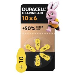 Duracell pilhas para aparelhos auditivos tamanho 10 (pacote de 6) 50% extra duração, fácil instalação, embalagem 100% reciclável, 4 anos de vida útil garantida na sua embalagem