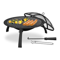 Relaxdays eldskål, Ø skål 51 cm, hopfällbara fötter, grillgaller, gnistskydd, poker, eldkorg trädgård, utomhus, svart
