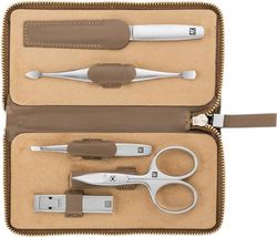 ZWILLING Estojo de manicure e pedicure, 4 peças, couro de vaca, com fecho de correr, premium, taupe