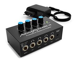 Audibax HA4000 v2 - Amplificador de Auriculares de 4 Canales - Ultra Compacto y de Alta Potencia - Conmutador Estéreo/Mono - Adaptador de 6.35 mm Incluido - Conector de Entrada 3.5 mm RCA