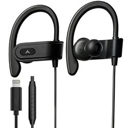 Avantree L171 - Lightning bedrade oordopjes met microfoon en in-line volumeregeling, compatibel met oudere iPhone 14, 13, 12, 11 modellen, MFi-gecertificeerd, sporthoofdtelefoon met oorhaak voor