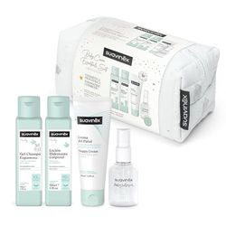 Suavinex, Kosmetyczka dla niemowląt, zestaw upominkowy dla noworodka z kosmetykami: żel szampon 100 ml + balsam nawilżający 100 ml + krem do pieluchy 75 ml + Baby Cologne 50 ml, format podróży,