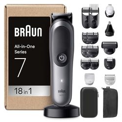 Braun All-in-One Series 7 Grooming Kit, 18in1, ProBlade & AutoSense, 120 Min, SkinGuard & Beard Fading, AquaGrip for Under Water Use, AIO7585, Grey