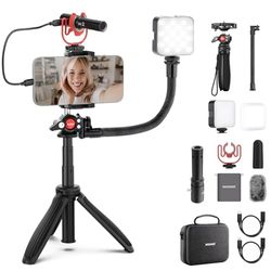NEEWER Kit de vlogging para teléfono móvil con luz LED/trípode de Viaje, Palo Selfie, Tubo Suave, Plug & Play, micrófono cardioide USB C para iPhone, Android, Podcast, Youtube, Vlogger Set
