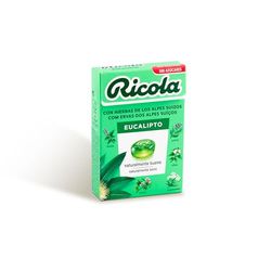 Ricola - Doces duros, refrescante e alivia a garganta e as vias respiratórias, com óleos essenciais de menta e eucalipto, 13 ervas suíças, sem açúcar, com adoçante, caixa de 50 g