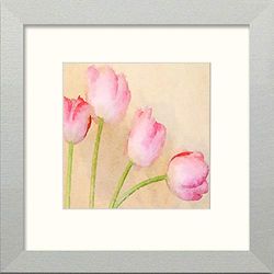 Lumartos, Pink Tulips Contemporary Home Decor Wall Art Watercolour Print, Matt Silver Frame, 12 x 12 Inches