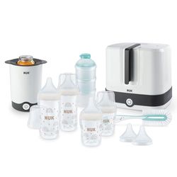 NUK Perfect Match Complete Feeding Set | Vanaf 0 maanden | Vario Express sterilisator, 4 babyflessen, flessenwarmer, flessenborstel en meer | regenboog | 8 stuks