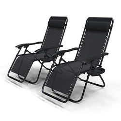 VOUNOT Set di 2 Sdraio da Giardino con Portabicchieri e Poggiatesta Regolabile, Sedia Pieghevole Zero Gravity da Esterno, Poltrona Relax, Carico Massimo 120kg, Nero