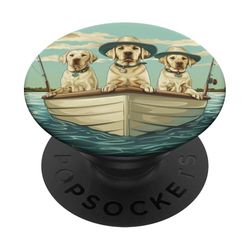Lindo perro labrador retriever amarillo barco de pesca perro lago PopSockets PopGrip Adhesivo