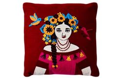 EMBROIDERY - CUSHION RED FOLK ART WOMAN WITH GARLAND AND BIRDS