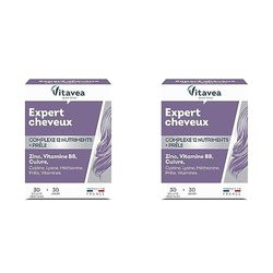 Vitavea Expert Cheveux 12 nutriments - Complément Alimentaire Cheveux - Biotine (vitamine B8), Zinc, Cuivre, Vitamines - 30 gélules - Cure de 1 mois - Vegan - Fabriqué en France (Lot de 2)