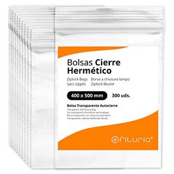 Bolsas con Cierre Hermético de Plástico Transparentes Ideales para Congelar Alimentos, Guarda Documentos, Bolsas Reutilizables y de Conservación - Ofituria (300 Bolsas, 400 x 500 mm)
