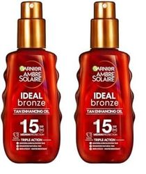 Garnier Ambre Solaire Ideal Bronze Protective Oil Sun Cream SPF15, High Sun Protection Factor 15, Shea Butter, Water Resistant & Non Greasy Sunscreen, UVA & UVB Protection, 150ml (Pack of 2)