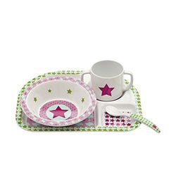 LÄSSIG Kinderserviesset met kom, kop, lepel, bord, antislip, melamine/schotel set Starlight Magenta