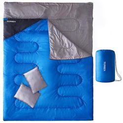 Sacco a pelo, 3-4 stagioni, sacco a pelo da campeggio, per adulti, bambini, ragazze e ragazzi, per escursioni, tempo freddo, attrezzatura da viaggio leggera e calda (blu grigio, matrimoniale, 220 x