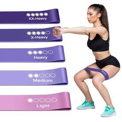 K-MART Set di 5 fasce di resistenza con 5 diversi livelli di resistenza, ideali per allenamenti in palestra a casa, yoga e pilates, include borsa per riporre oggetti (viola reale)