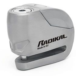 RADIKAL RK9Z Cadeado para motocicleta disco alarme 120 db botão ON, Warning visador, 100 % metal impermeável, pilha de lítio, anti-roubo pinça de travão metálico universal para motos Scooter bicicleta