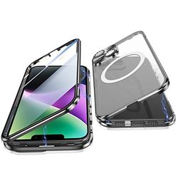 Jonwelsy Funda para iPhone 14 Plus, Protección Doble Cara 360 Grados Compatible Magsafe Metal de Adsorción Magnética Case Cover Delantera Vidrio y Trasera Mate PC Cubierta para 14 Plus 6,7" (Negro)