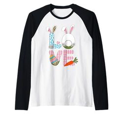 Easter Spring LOVE Bunny Ears, Fluffy Tail Easter Egg Carrot Maglia con Maniche Raglan