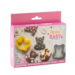 Decora 0255240 Set décoratif pour bébé, 2 emporte-pièces Hippocampe et ours en peluche et 4 pochoirs décoratifs, idéal pour créer des biscuits décorés tridimensionnels, fabriqués en Italie, lot de 6