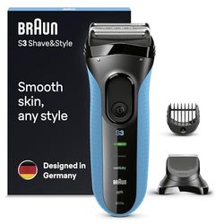 Braun Series 3 ProSkin Style & Shave Electric Shaver For Men With Precision Trimmer, Hair Clipper and 5 Combs, Wet & Dry, 100% Waterproof, UK 2 Pin Plug, 3010BT, Black/Blue Razor