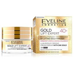 Eveline Cosmetics Gold Lift Expert Soro luxuoso reafirmante com ouro de 24 quilates 40 creme facial hidratante antirrugas | 50 ml | Sérum facial para peles maduras e sensíveis
