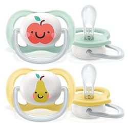 Philips Avent SCF080/17, Paquete de 2 Chupetes Ultra Air, 0-6 meses, Pezón Blando - Patrónes de Pera y Manzana