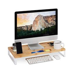Relaxdays Monitorständer, PC Erhöhung aus Bambus und Eisen, für Monitor oder Laptop, ergonomischer Tischorganizer, weiß, 9.00 x 60.00 x 30.00 cm