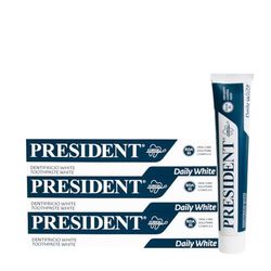 President KIT 3 DENTIFRICIO WHITE ad Azione Sbiancante, antiplacca, antitartaro e anti ingiallimento dei denti. Rinfrescante con Aroma di Menta Piemontese. RDA 85. 3x75ml