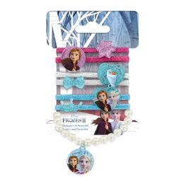 Disney Set of 6 Glitter Elastic Bands and 1 Bracelet with Pearls in the Shape of Elsa, Anna and Olaf 12 Units