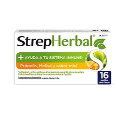 StrepHerbal Propolis y Melisa con Vitamina C y Zinc para el sistema Inmunitario, Sabor Miel - 16 pastillas para chupar