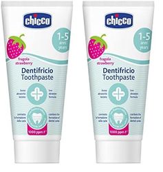 Chicco Pasta de Dientes de Fresa Sensible de Baja Abrasión con Flúor, Xilitol, Sin Conservantes, Ayuda a Prevenir Caries y Eliminar Placa - para Niños+1 Año, 50 ml (Paquete de 2)