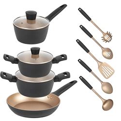 Russell Hobbs COMBO-8593 9-Piece Pan & Kitchen Utensil Set with 24cm Fry Pan, 20/24cm Stockpots, 16cm Saucepan, Slotted/Solid Spoon, Spatula, Spaghetti Spoon and Ladle, Opulence Collection, Black/Gold