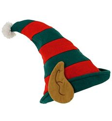 Christmas Elf Hat with Ears Xmas Santa Helper Hat Red and Green Xmas Fancy Dress Pom Party Costume Accessories One Size Adult Polyester