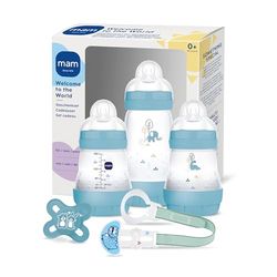 MAM Easy Start Anti-Kolic zestaw powitalny z 3 butelkami antykolowymi, smoczkiem i opaską na smoczek, zestaw upominkowy dla niemowląt, od urodzenia, niebieski