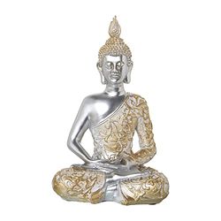 FIGURA RESINA BUDA PLATEADO TÚNICA DORADA 17X11X28CM
