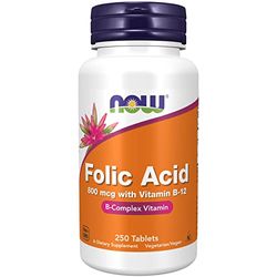 Now Foods, Folic Acid, 800mcg, 250 Vegan Tablets, Lab-Tested, High Dose, Vitamin B12, Gluten Free, SOYA Free, Vegetarian