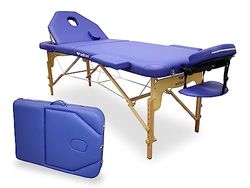 WELLCORE - Lettino da massaggio pieghevole con schienale ribaltabile, realizzato in legno, ecopelle, 195 x 70 cm, altezza regolabile, testa rimovibile, foro facciale, colore blu, fino a 225 kg